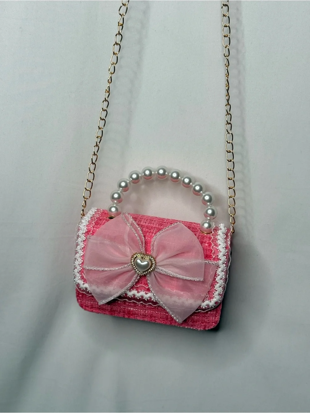 Cute Pink Tweed Mini Bag with Pearl Handle & Organza Bow (Y2K / Coquette)